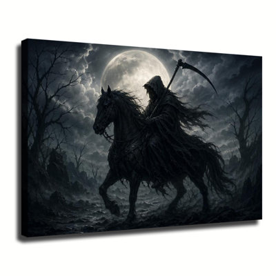 Grim Reaper Riding Black Horse Under Full Moon Dark Gothic Canvas Wall Art, Spooky Halloween Scene Decor For Home