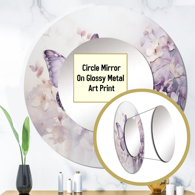 Purple Butterfly Enchanted Flight II - Butterfly Wall Mirror, Purple Round Decorative Mirror, Printed Metal Art, 36" x 36"