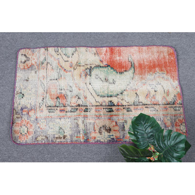 Small Red Turkish Vintage Antique Wool Rug Ideal for Decorating Bathrooms and Small Entry Spaces with Faded Oushak Design