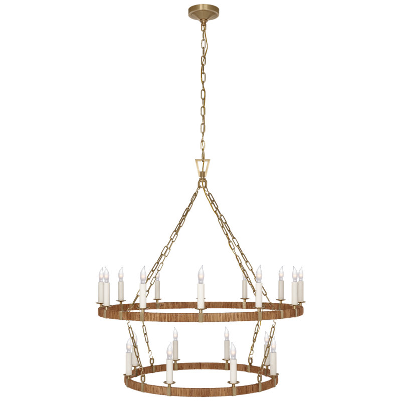 Darlana 20 - Light Wagon Wheel Chandelier, 44.5" H x 39.25" W x 39.25" D, Antique-Burnished Brass/Natural Rattan