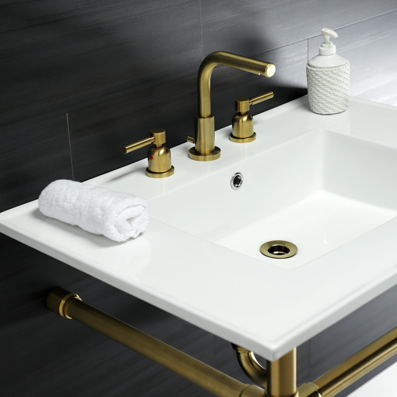 Kingston Brass Dreyfuss 31-Inch Ceramic Console Sink with Stainless Steel Legs, Brushed Brass, 8" Centers