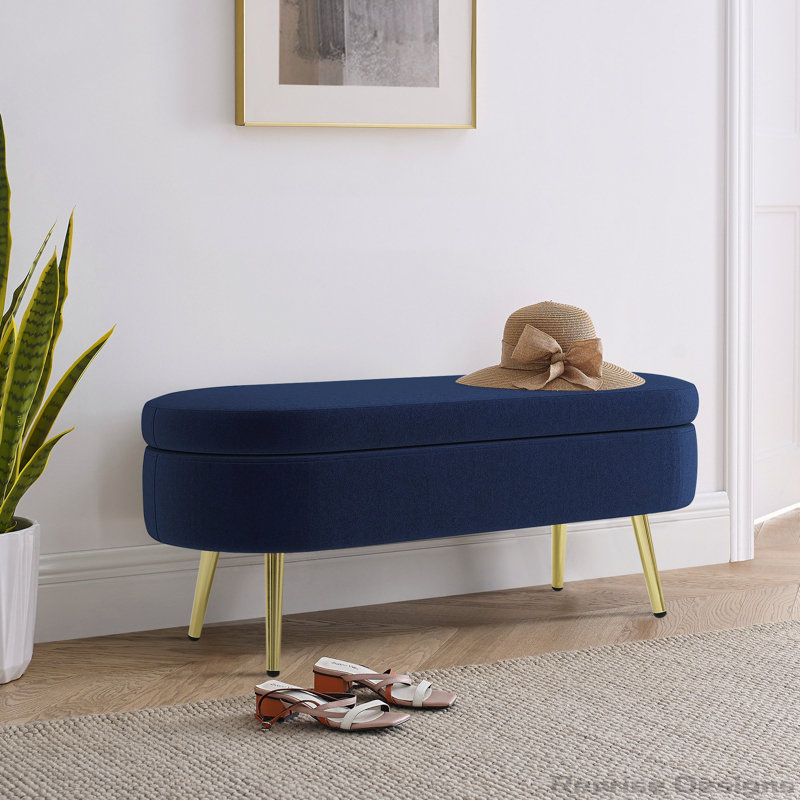 Banc de rangement ovale avec repose-pieds en flanelle et pieds en métal, Rose
