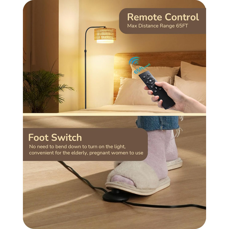 Boho Floor Lamp With Handmade Rattan Shade, Dimmable LED Bulb, Remote & Footswitch, 5 Color Temps