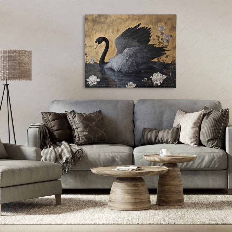 Cygne foncé sur toile de lac, design par Jose Perez, H 24 po x l 30 po