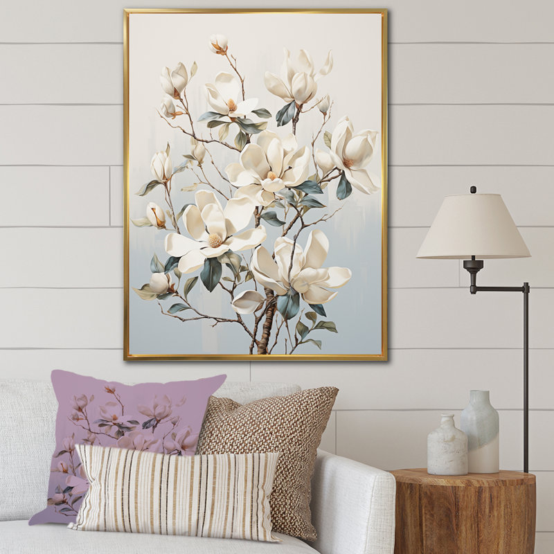 «Magnolias Beauty Blossums», impression sur toile, Cadre flottant doré, H 20 po x l 12 po x P 1 po