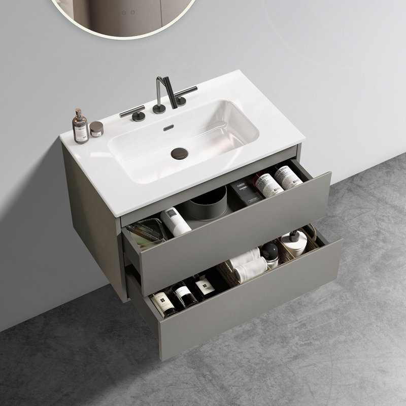 Meuble-lavabo mural de 30 po avec lavabo en céramique et trois trous de robinet, grand meuble-lavabo flottant avec rangement pour salle de bain moderne, pré-assemblé