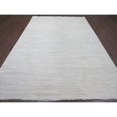 Tapis oriental blanc 8 pi 8 po x 11 pi 9 po, motif uni uni, en laine Ghazni filée à la main, luxuriante et moelleuse