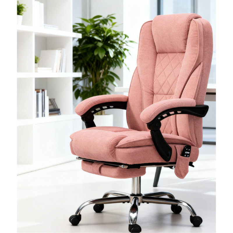 Chaise de bureau de massage chauffante inclinable rose à hauteur réglable, massage par vibration à six points, chauffage lombaire à trois niveaux, tissu doux au toucher, angle d'inclinaison de 135 po, repose-pieds rétractable, 360 degrés