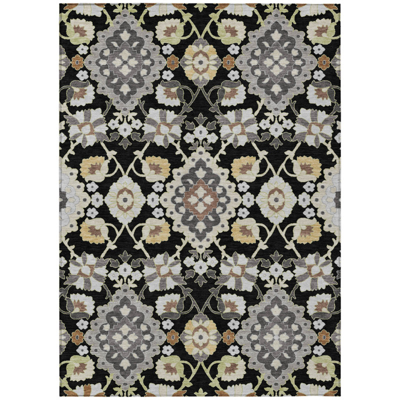 Tapis intérieur / extérieur oriental lavable noir, gris et brun 9 pi x 12 pi
