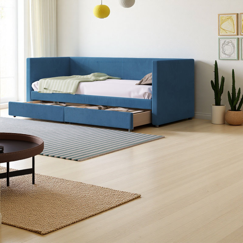Twin Size Corduroy Daybed With Two Drawers And Wood Slat, Blue