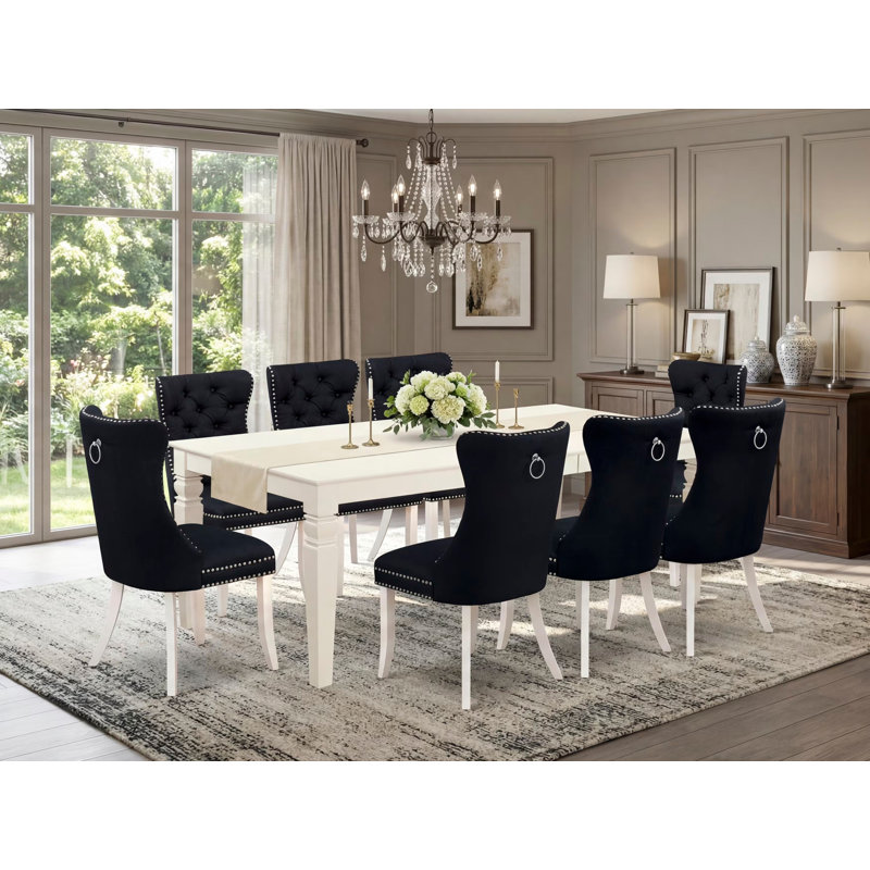 Ensemble de coin repas 9 pièces comprenant une table de salle à manger rectangulaire avec rallonge amovible et 8 chaises rembourrées, 42 x 84 po, lin blanc