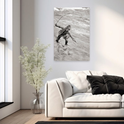 1920S Man Fisherman Standing In Stream Bending Over With Net To Catch Fish Hooked On His Line Contemporary Fish Fly Nature Wall Art