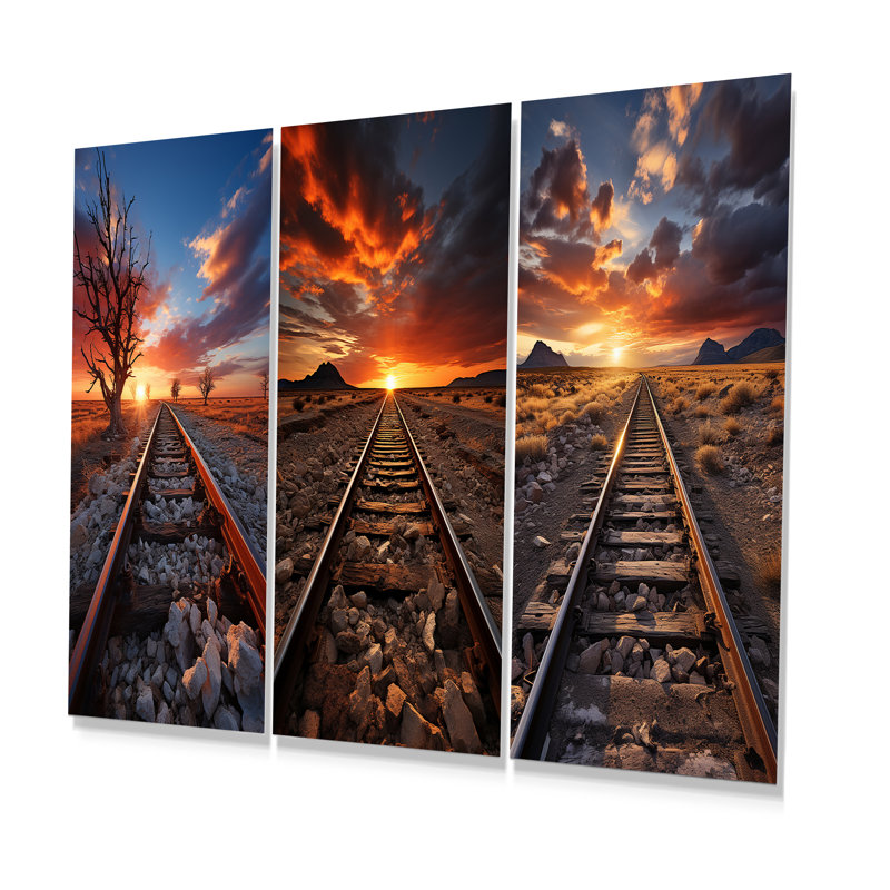 Chemin de fer au coucher du soleil - Train, ensemble de 3 décorations murales en métal, H 28 po x l 36 po