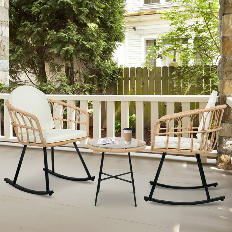Postfield 3 Piece Outdoor Wicker Rocking Bistro Set with Tempered Glass Coffee Table and Cushions for Balcony Patio Porch