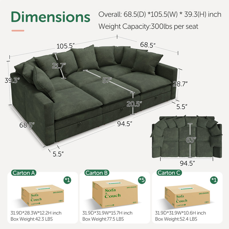 Canapé modulaire rembourré avec rangement Cloud, Velours côtelé vert