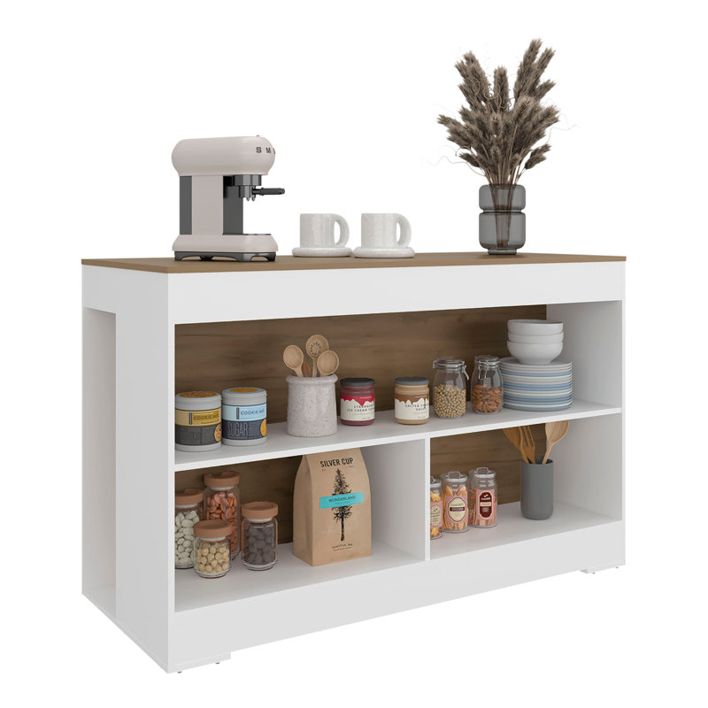 White and Natural Oak Open Storage Kitchen Island, White
