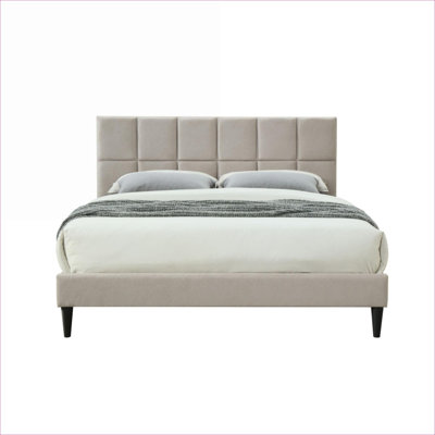 Upholstered King Sized Bed Frame, Squares Design Headboard, Classic Gray With USB Charging, Bed in a Box