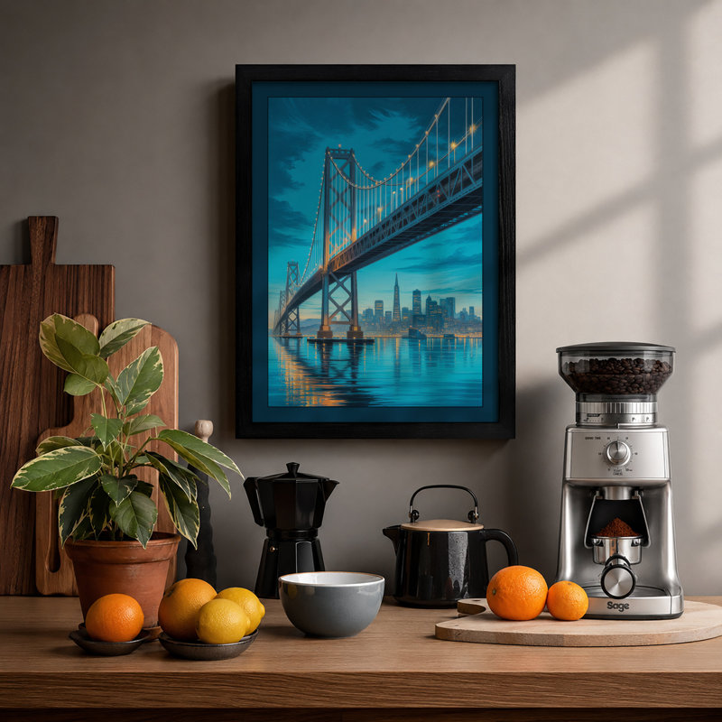 Bridge to City Lights Modern - Framed Print, A4 - 29.7 x 21.0 cm, Black