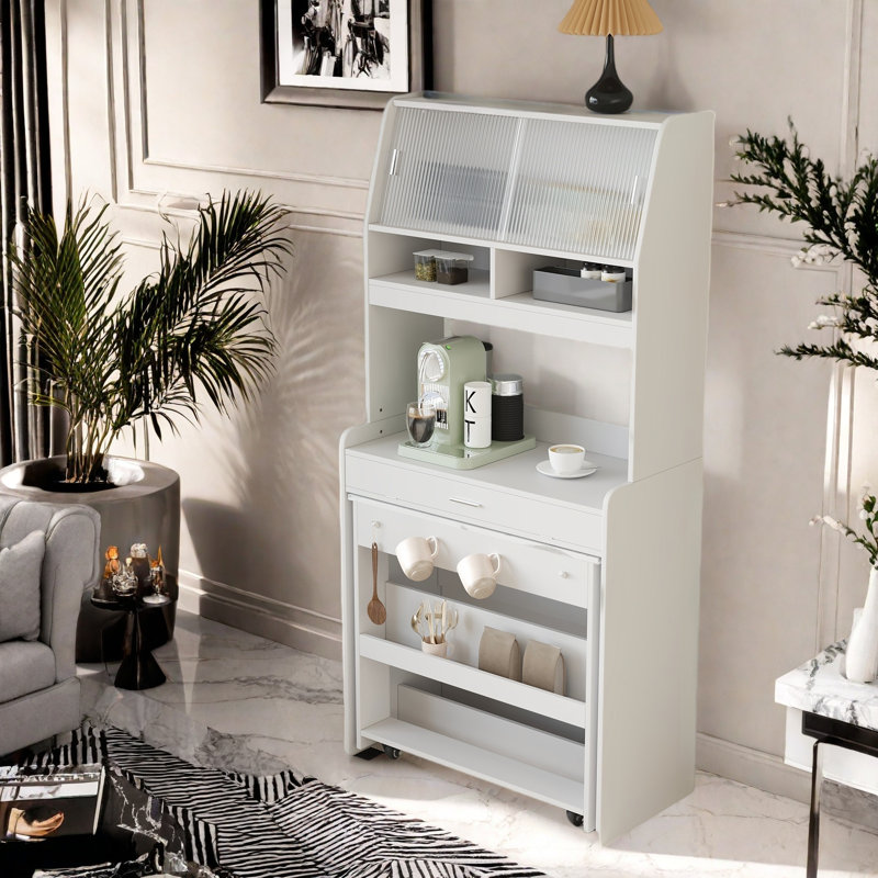 Buffet With Hutch And Foldable Dining Table, Storage Shelves, Side Hooks And A Cabinet With Sliding Doors, White