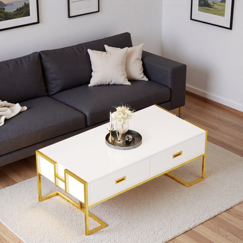Modern Rectangular Coffee Table With 4 Drawers And Gold Base, White