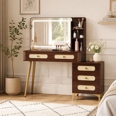47''Vintage Makeup Vanity with Mirror and Lights, Makeup Vanity Desk with 5 Drawers and Storage Shelf, Rattan Drawer Design, 3 Color Modes and Adjustable Brightness Dressing Table
