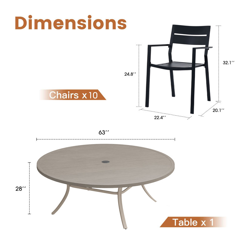 Sagamore 10-Person Patio Dining Set with 63" Round Dining Table and 10 Stackable Dining Chairs, Brush Wood Gray/Black