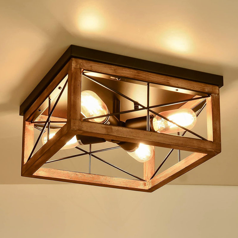 Plafonniers encastrés en bois, plafonnier noir à 4 lumières de style ferme près du plafond pour îlot de cuisine, salon, chambre, couloir, buanderie, entrée