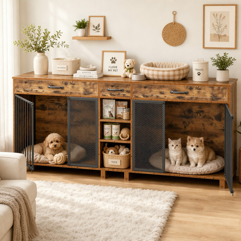 Caisse pour chien en bois avec 2 portes et rangement