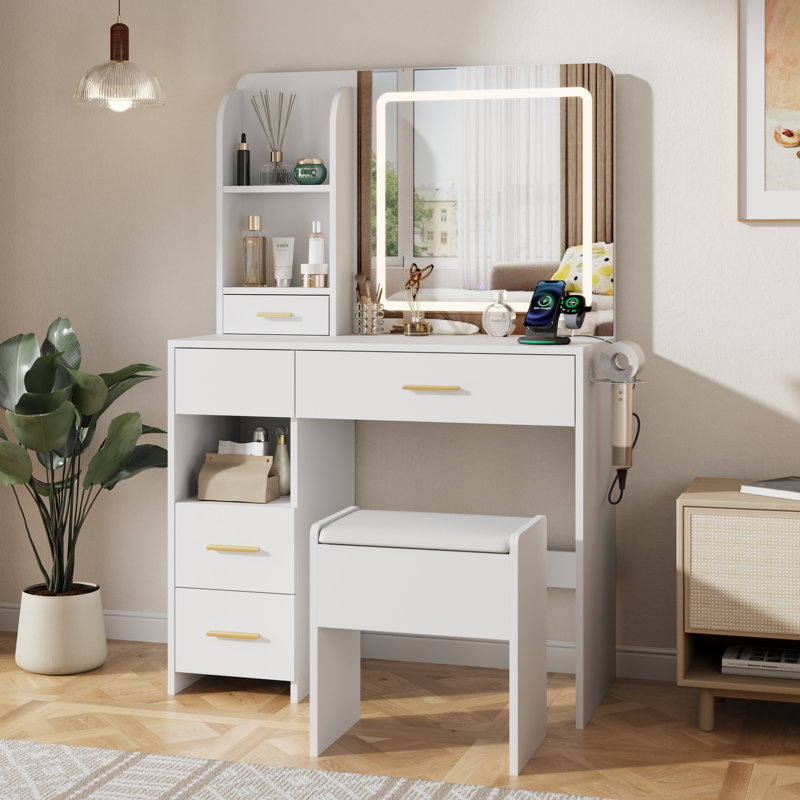 35" Makeup Vanity with HD Mirror and 5 Drawers, White