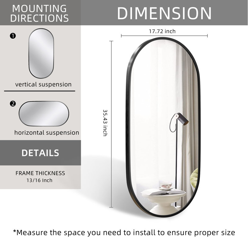 Oval Bathroom Mirror Wall Mounted Metal Frame Vanity Hang Vertically & Horizontally Decor, Black