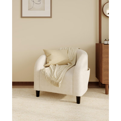 Fauteuil tonneau en velours doux, fauteuil club rembourré avec dossier incurvé et coussin épais, fauteuil confortable pour salon, chambre ou bureau, blanc