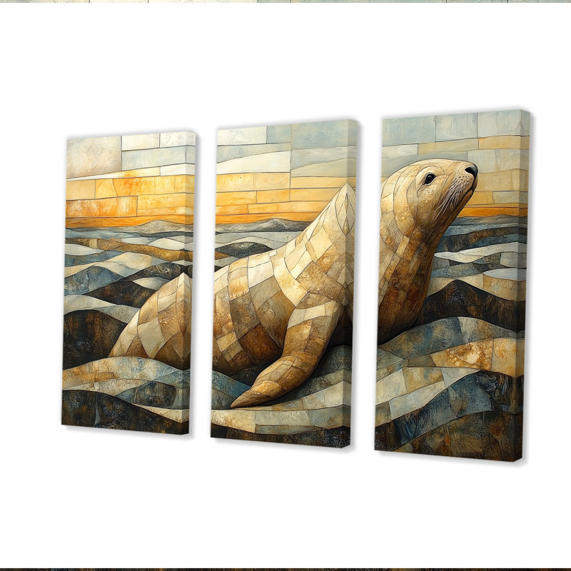 Sceau inuit dans des tons de jaune et de brun - ensemble d'art mural, Toile tendue, H 32 po x l 48 po x P 1 po