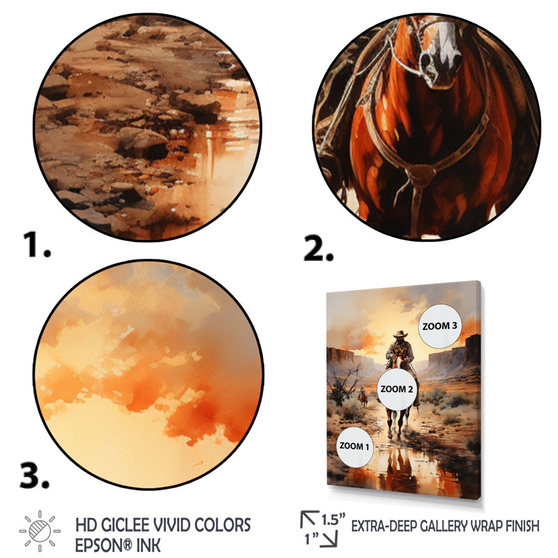 Mabe Cowboy Chassant le coucher du soleil II - Cowboys, art mural, H 40 po x l 30 po x P 1,5 po, Cadre flottant doré