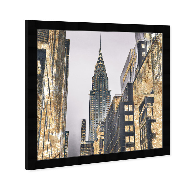 " The Golden City New York Skyscraper Modern Gold " by Oliver Gal, Black Framed Paper, 12" H x 12" W x 0.75" D