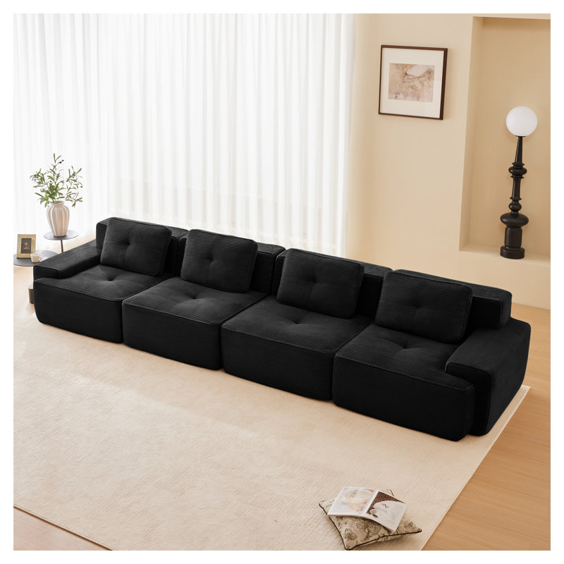 Canapé modulaire moderne en velours côtelé 4 places, Velours côtelé noir, H 32,7 po x l 152,8 po x P 40,9 po