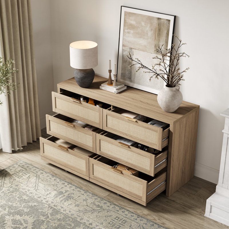 Chada Rattan 6 Drawer 56.85" Wide Dresser With Ample Storage, Light Oak