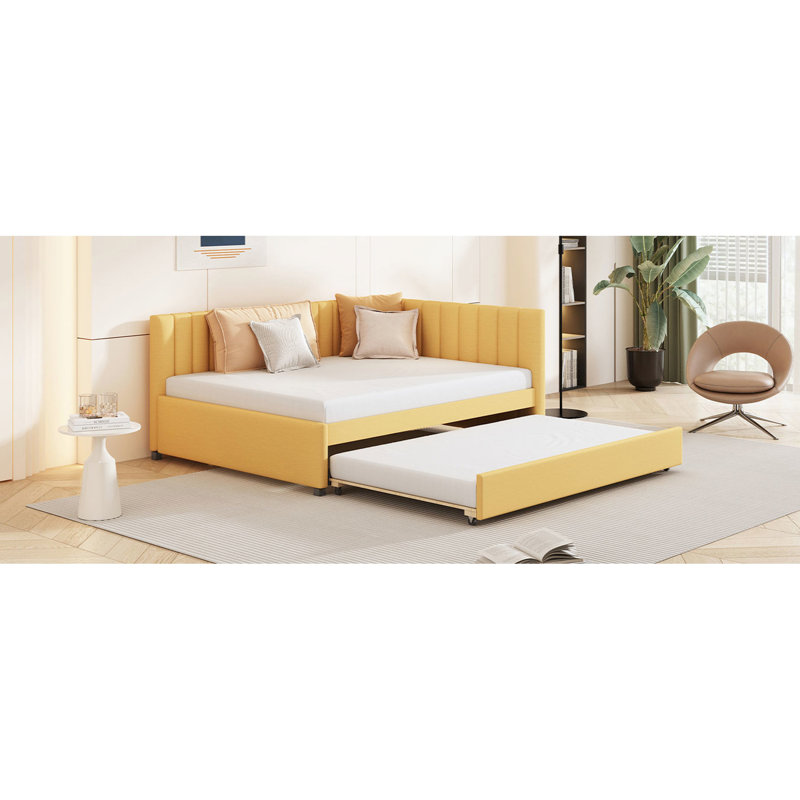 Yellow Linen Daybed With Trundle, No Box Spring Required, Stable And Robust Particle Board Structure For Home Upholstered Trundle In Linen, Spring, Wood Frame Space Optimization