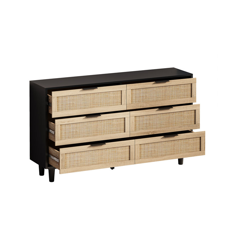 6-Drawers Rattan Storage Cabinet Rattan Drawer, Black, 29.53" H x 51.18" W x 15.75" D
