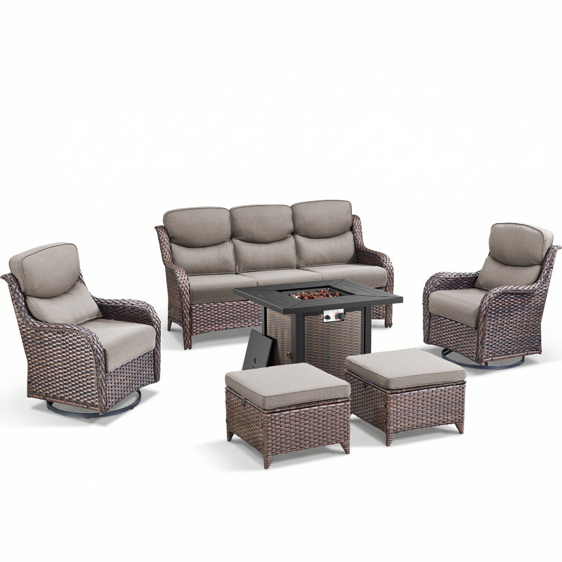 Amaris 6-Piece Outdoor Wicker Patio Square Metal Fire Pit Table Conversation Set With Swivel Gliders And Ottomans, Brown