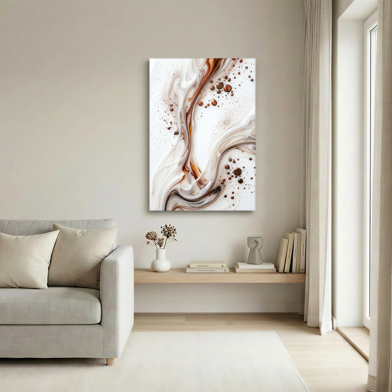 Art abstrait sur toile abstraite, tourbillons en bronze et fluide blanc, 30"H x 20"W