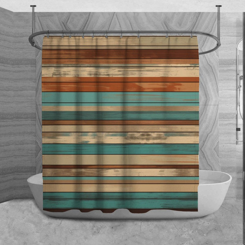 Rideau de douche à rayures Lazor, H 73 po x l 70 po, Brun / turquoise