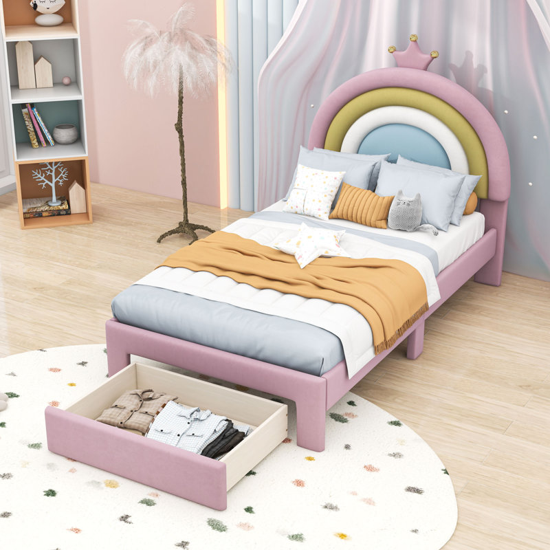 Velvet Upholstered Platform Bed with Rainbow Design Headboard and 2 Drawers, Twin