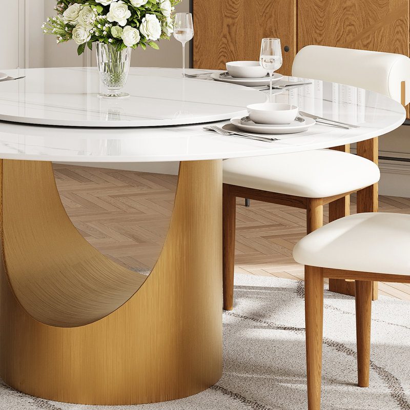 51" Modern Round Dining Table With Lazy Susan, White Stone Top, H 29,53 po x L 59 po x l 59 po