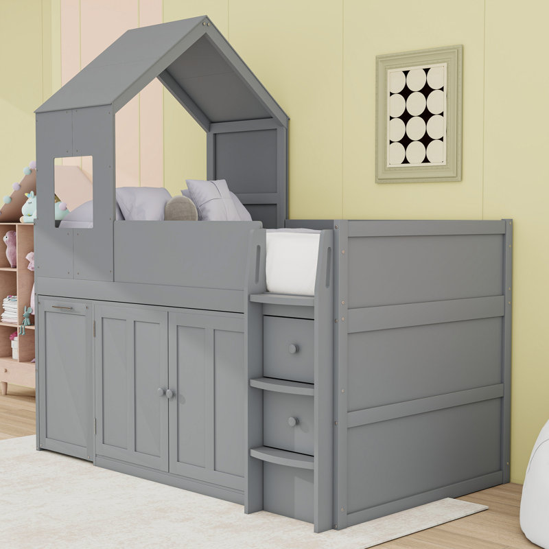 Lit mezzanine simple en bois avec bureau roulant, tablettes de rangement et tiroirs, Gris