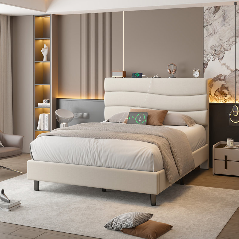 Upholstered Storage Bed with Charging Station, Beige, Twin