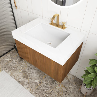 Meuble-lavabo en bois de chêne brun 30 po avec lavabo, comptoir en pierre frittée blanc Carrara et lavabo en céramique avec 3 trous de robinet pré-percés, armoire de rangement en contreplaqué flottant avec tiroir et porte, pré-assemblé