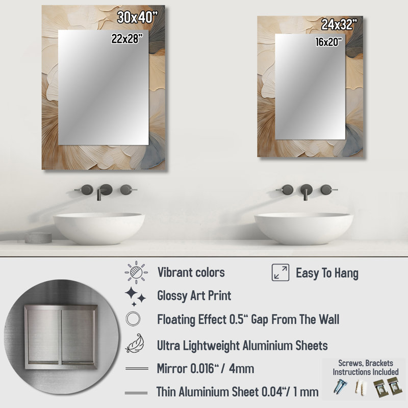 beige minimalism elegance in bloom - Flowers Large Mirror, Traditional Unique Wall Mirror Decor, Printed Metal Art, 40" x 30"