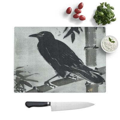 Tempered Glass Crow on a Bamboo Branch Chopping Board