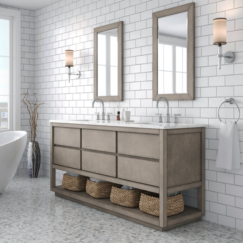 Oakman 72 In. Double Sink Carrara White Marble Countertop Bath Vanity In Grey Oak With Chrome Faucets, Chrome
