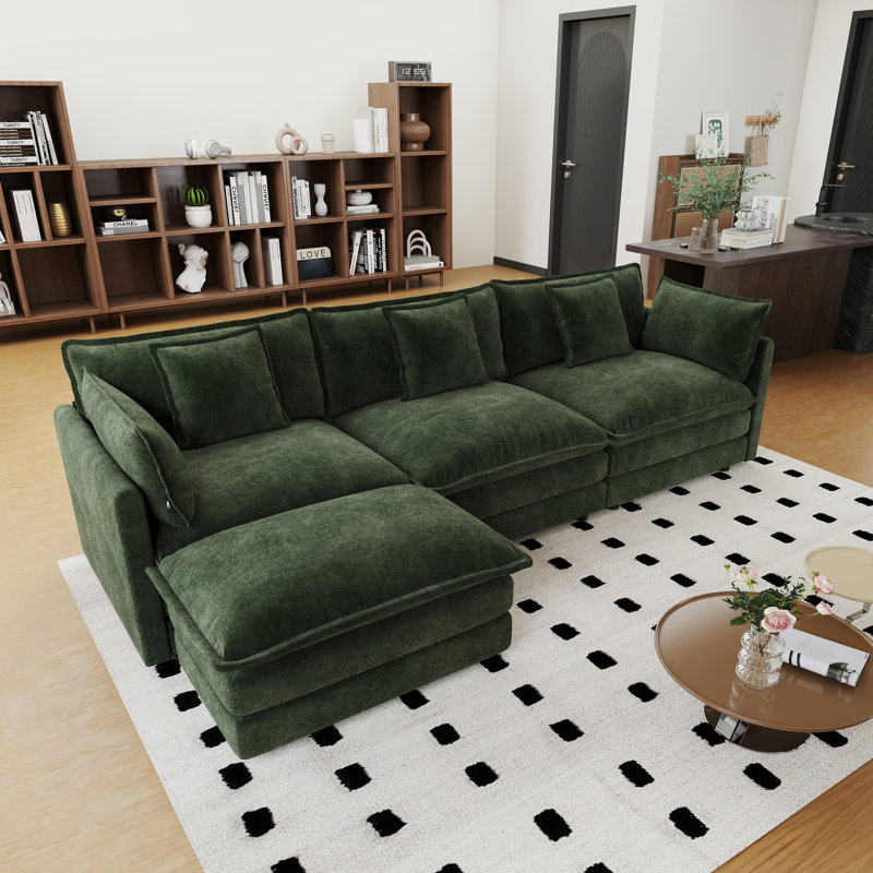 Ensemble de salon, canapé en L, canapé en chenille, 3 places, pour le salon, Chenille verte